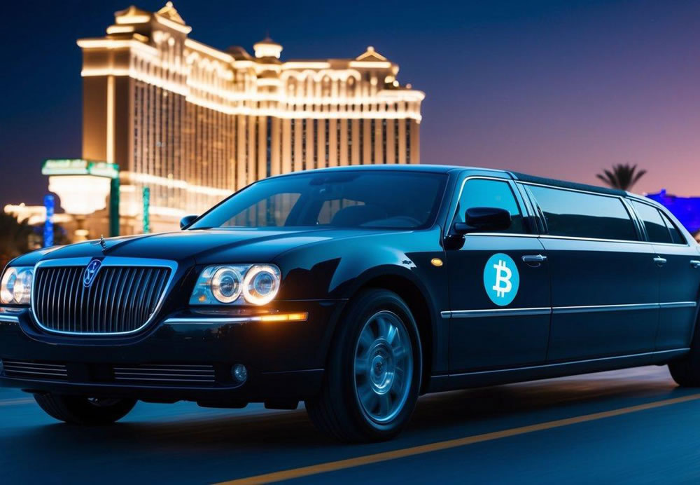 A sleek limousine pulls up to a luxurious Las Vegas hotel, with the iconic strip illuminated in the background. A digital Bitcoin symbol is displayed prominently on the vehicle's payment terminal