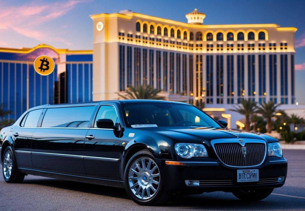 A sleek limousine parked in front of a Las Vegas hotel, with a Bitcoin logo displayed on the payment terminal inside