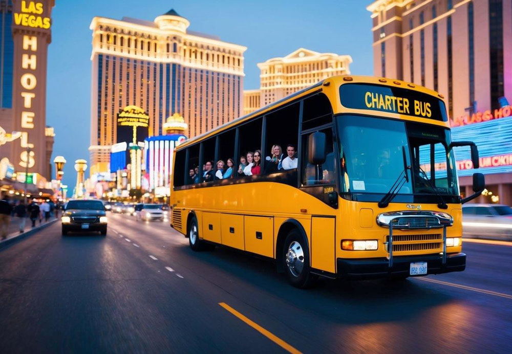 A charter bus drives through the bustling streets of Las Vegas, passing by towering hotels and flashing neon signs, while a group of people inside eagerly anticipates their arrival at a convention or event