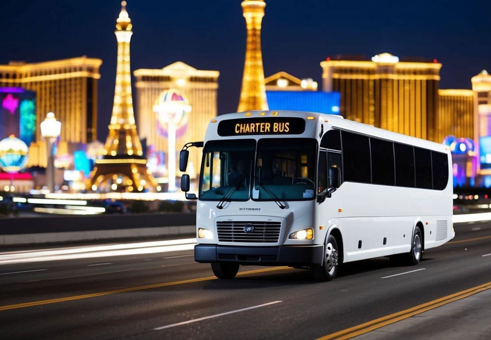 A charter bus driving through the Las Vegas Strip at night, passing by the bright lights and iconic landmarks
